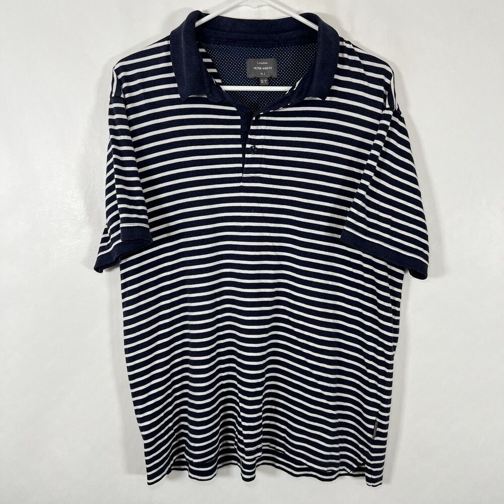 Peter Werth N.1 Polo Shirt Mens Size Large Navy White Striped Short Sleeve